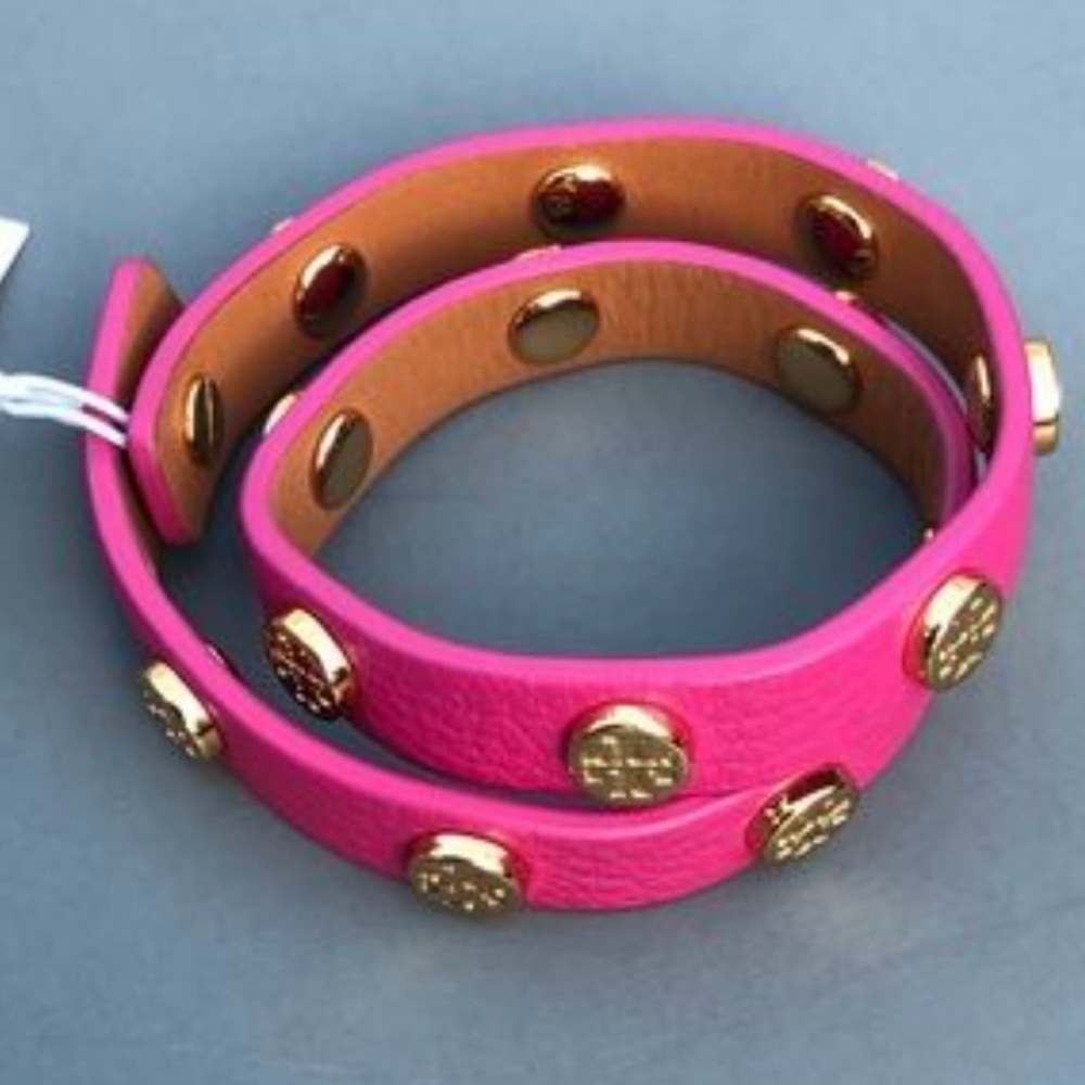 NWT | Tory Burch | Logo-Studded Leather Double Wrap Bracelet | Pink with Goldt… - Picture 5 of 5